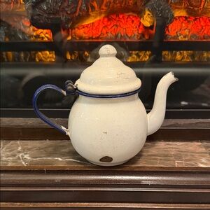 Vintage White and Blue Enamelware Teapot 6”